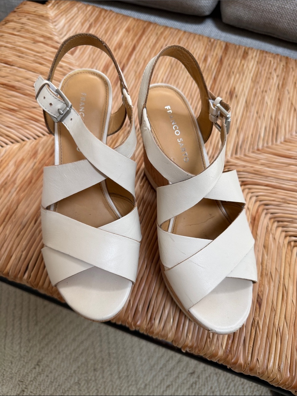 Franco Sarto Cream Leather Crisscross Wedge Sandals Size 8.5